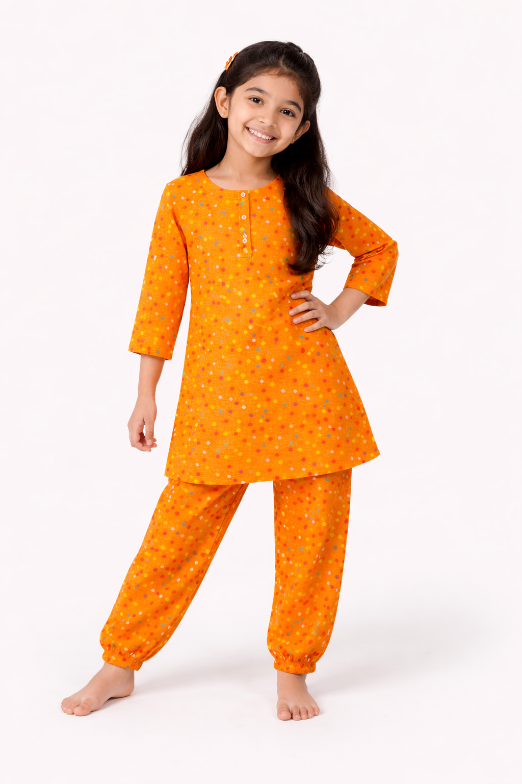 Kids Bright Orange Printed Kurta Pants Co-Ord