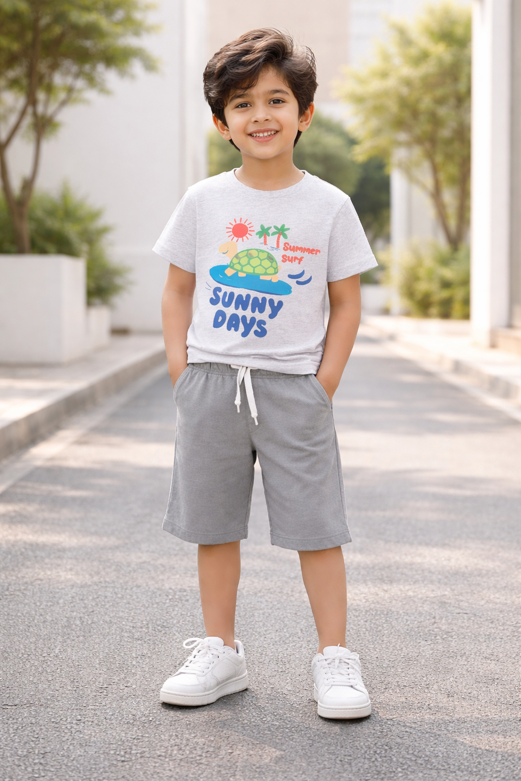 Boys Summer Turtle Graphic Cotton Shorts Set Outfit