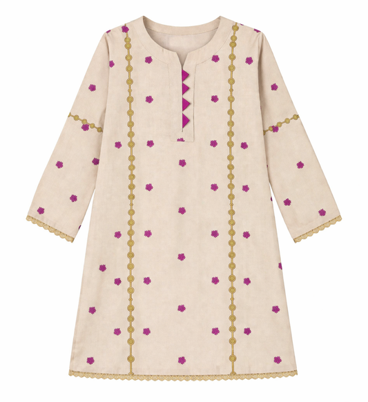 Girls Beige Ethnic Pattern Cotton Kurta Set