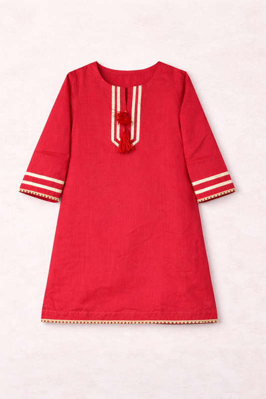 Girls Traditional Red Kurta Trouser Cotton Set