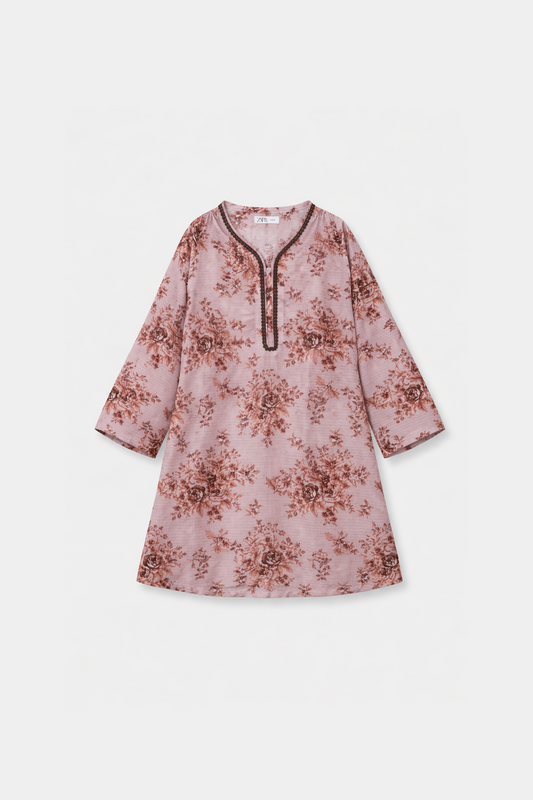 Girls Dusty Pink Floral Kurta Trouser Outfit set