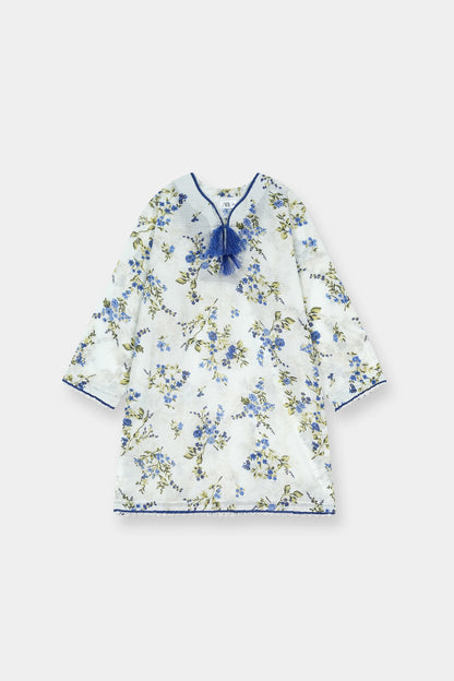 Elegant Girls Blue Floral Kurta Trouser Outfit Set