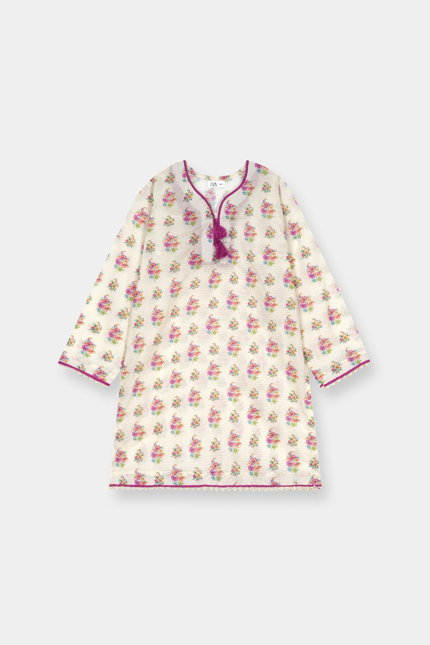 Girls Cream Floral 2 Piece Kurta Set with Lace Detail