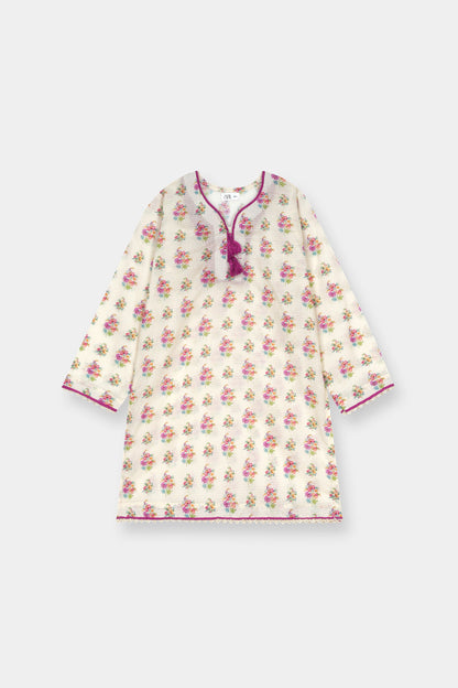 Girls Cream Floral 2 Piece Kurta Set with Lace Detail