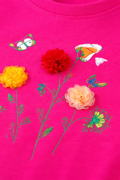 Soft Cotton Pink Girls Top with Floral Applique