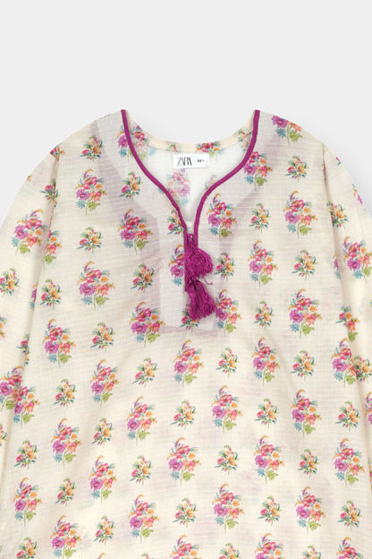 Girls Cream Floral 2 Piece Kurta Set with Lace Detail