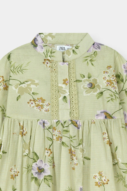 Green Mint Floral Kurta Trouser Set with lace detail