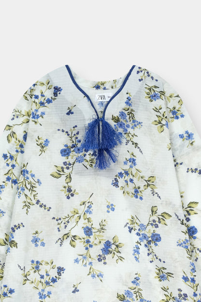 Elegant Girls Blue Floral Kurta Trouser Outfit Set