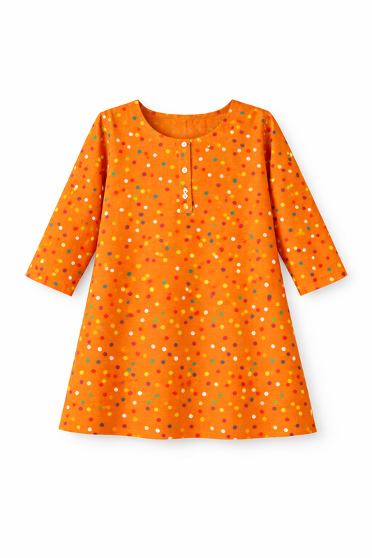 Kids Bright Orange Printed Kurta Pants Co-Ord