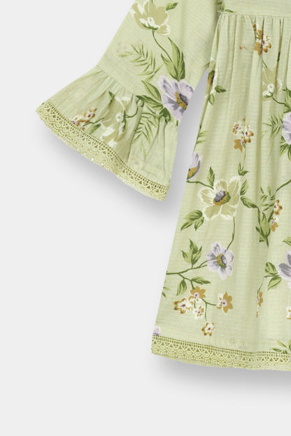 Green Mint Floral Kurta Trouser Set with lace detail