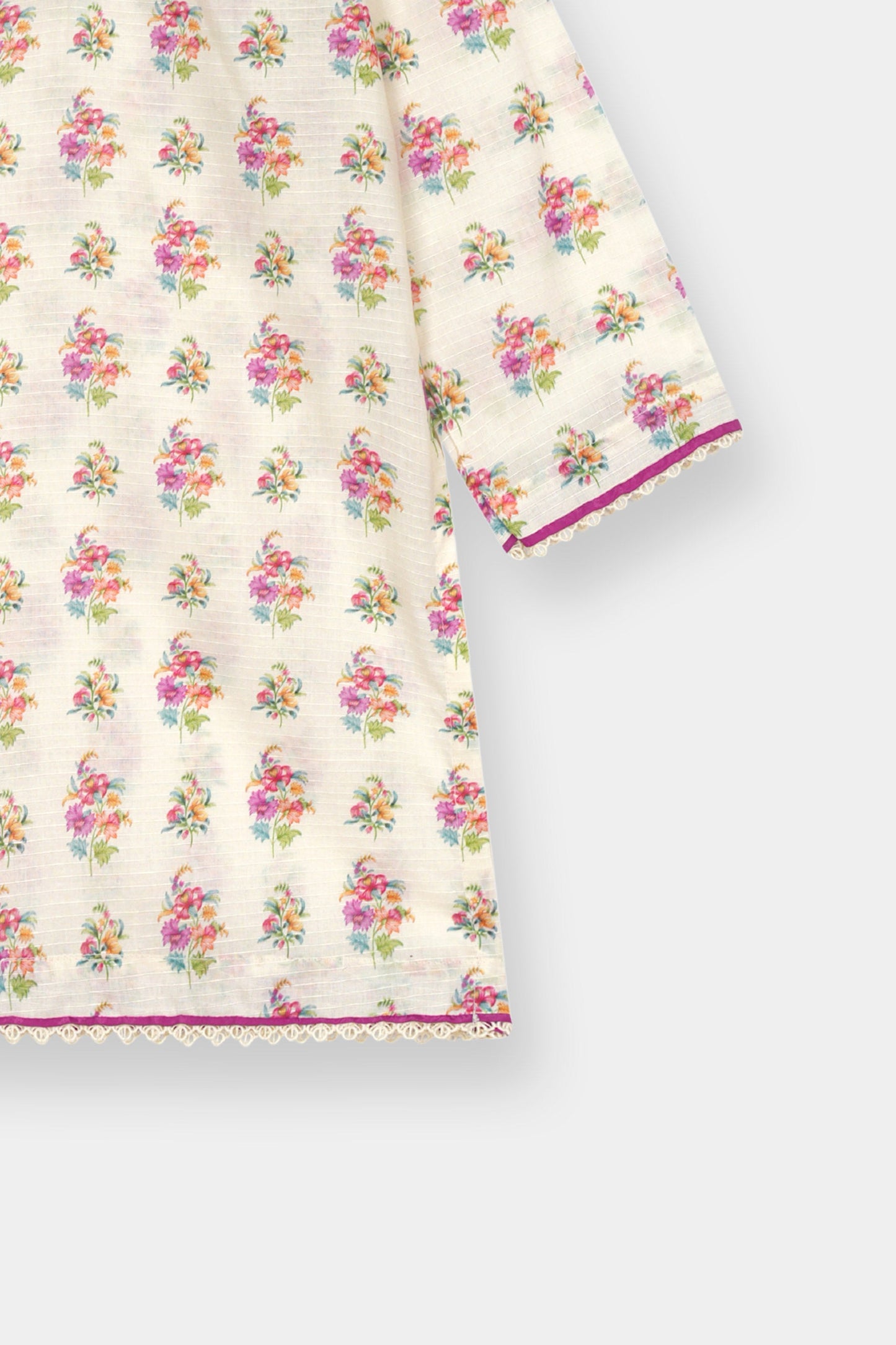 Girls Cream Floral 2 Piece Kurta Set with Lace Detail