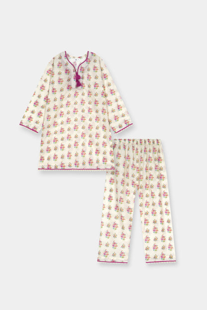 Girls Cream Floral 2 Piece Kurta Set with Lace Detail