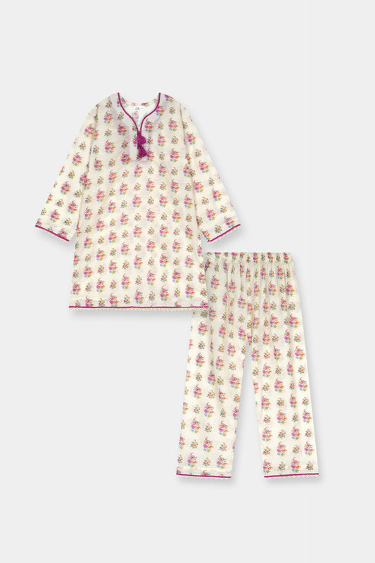 Girls Cream Floral 2 Piece Kurta Set with Lace Detail