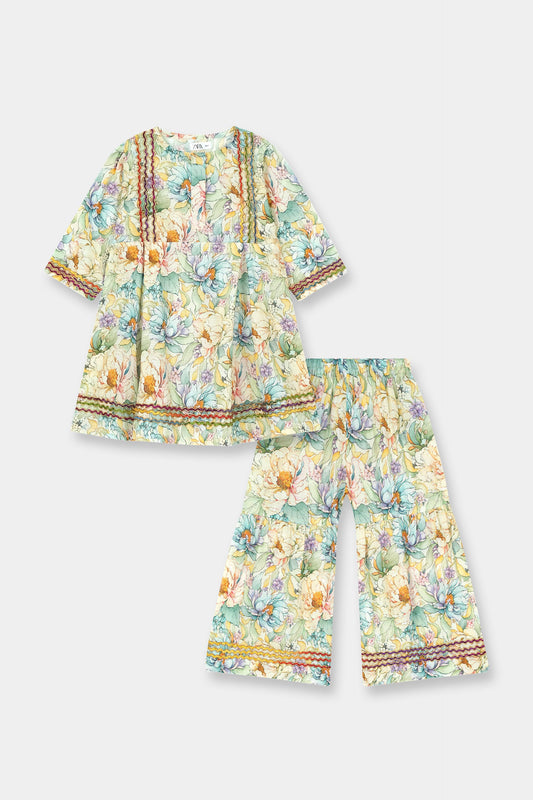 Soft Cotton Girls Floral Kurta Trouser Set