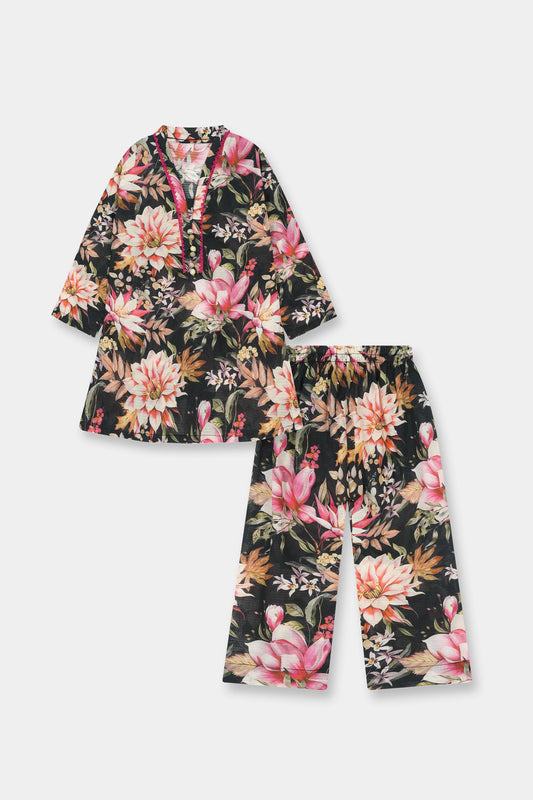 Luxury Black Floral Kurta Trouser Set for Girls