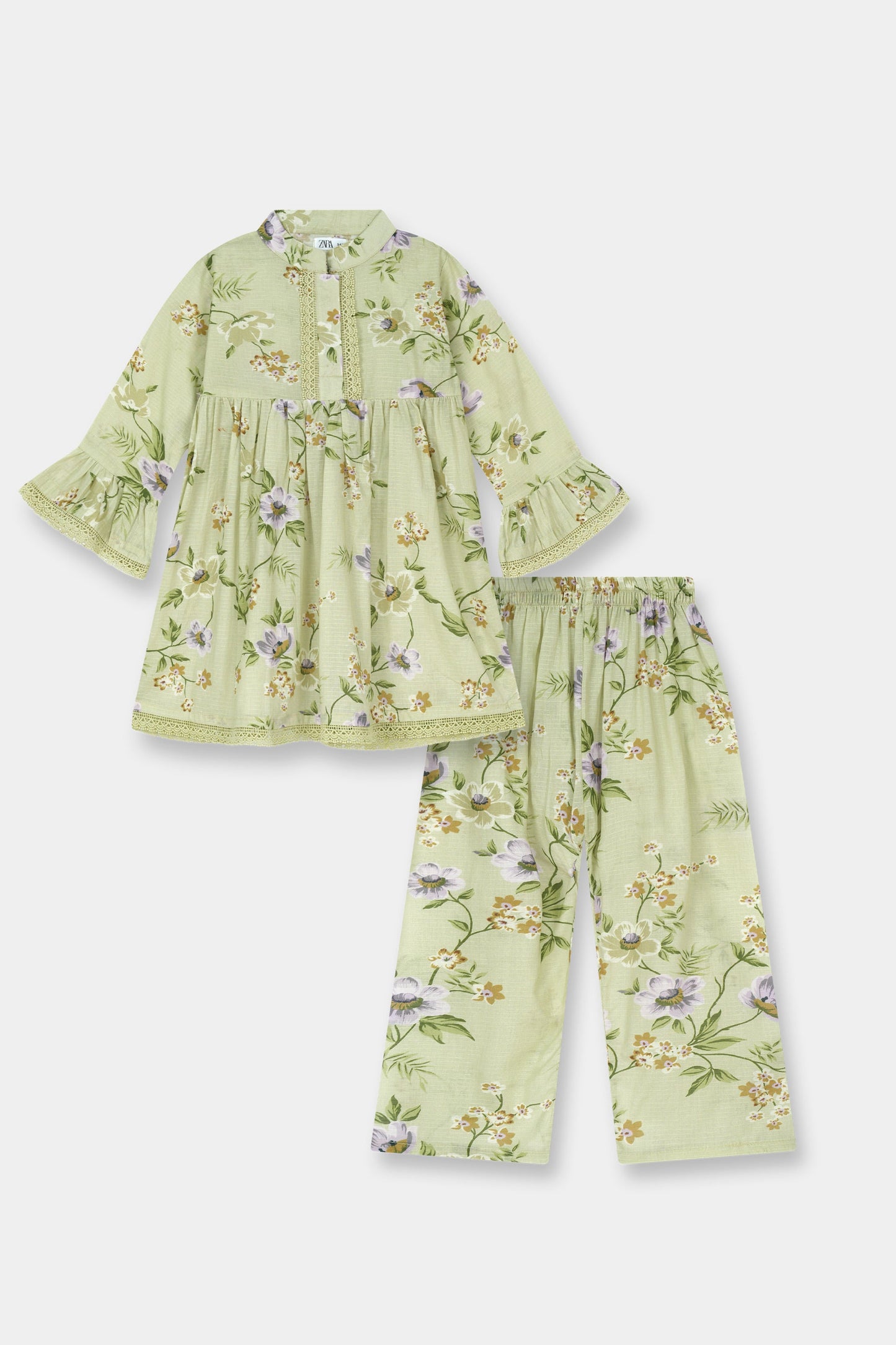 Green Mint Floral Kurta Trouser Set with lace detail