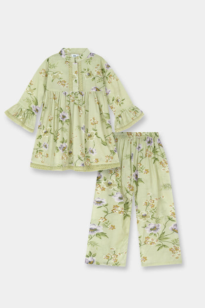 Green Mint Floral Kurta Trouser Set with lace detail