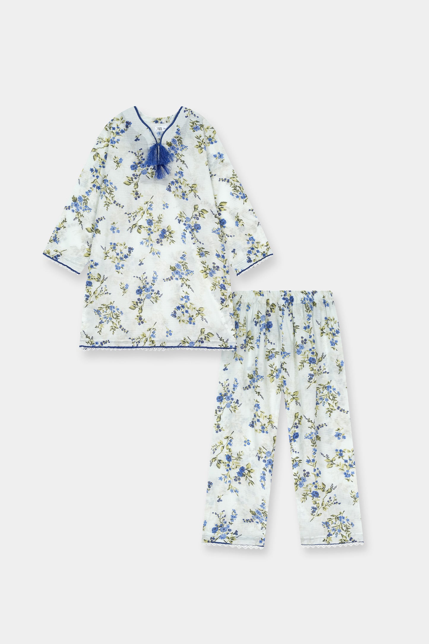 Elegant Girls Blue Floral Kurta Trouser Outfit Set