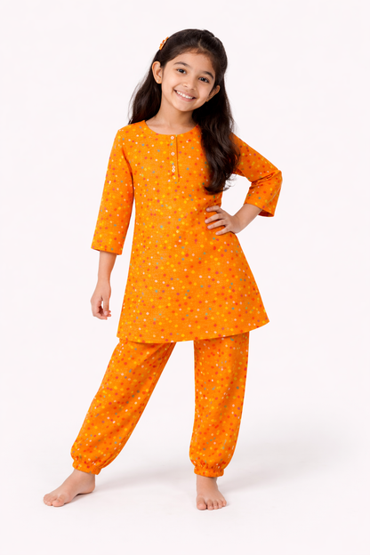 Kids Bright Orange Printed Kurta Pants Co-Ord