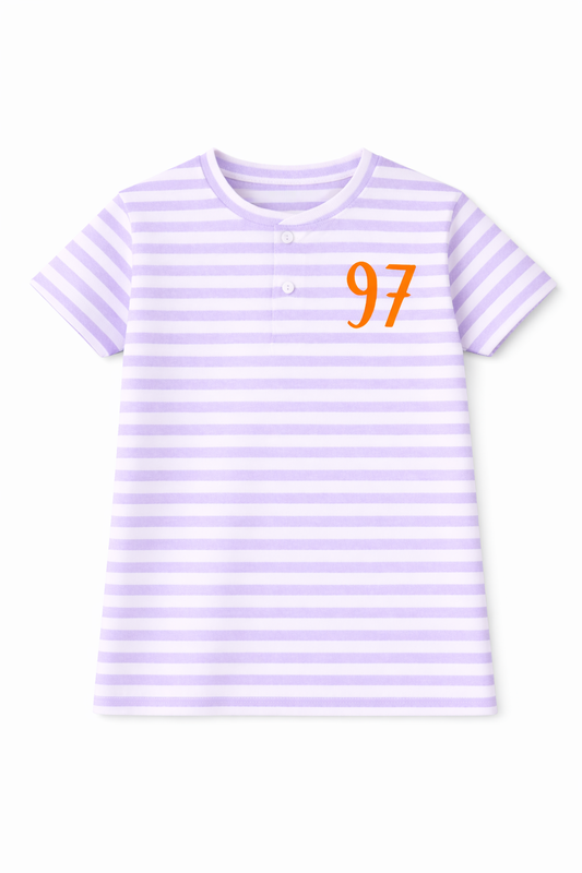 Lavender Stripe Kids Henley T-Shirt with 97 Print