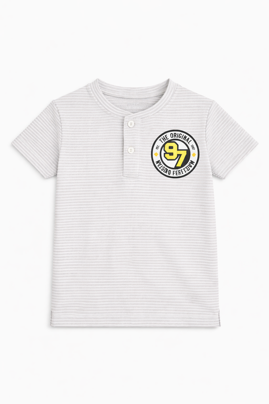 Boys white Striped Henley T-Shirt with 97 patch