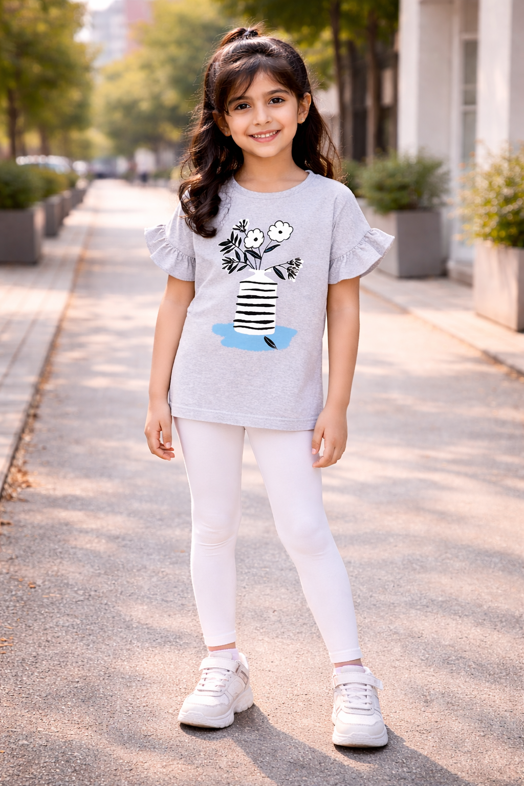 Girls Grey Floral Print Ruffle Sleeve Summer Top