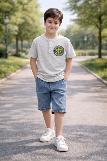 Boys Grey Striped Henley T-Shirt with 97 Patch