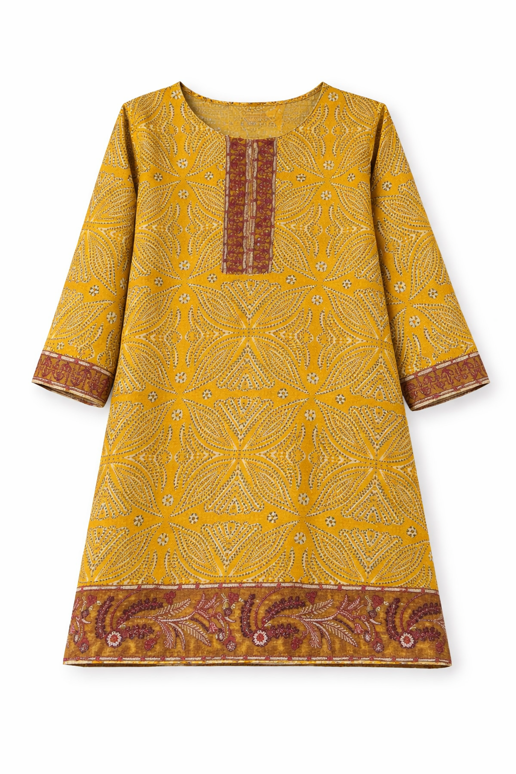 Girls Mustard Ethnic Pattern Cotton Kurta Shirt