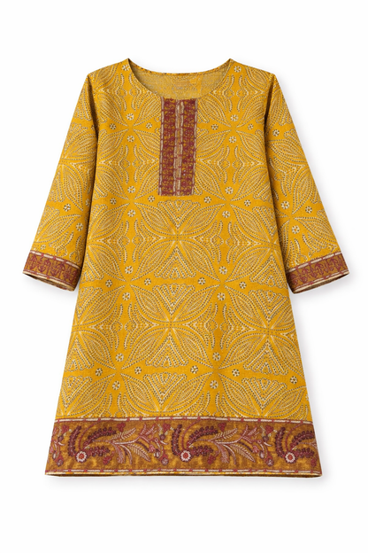 Girls Mustard Ethnic Pattern Cotton Kurta Shirt