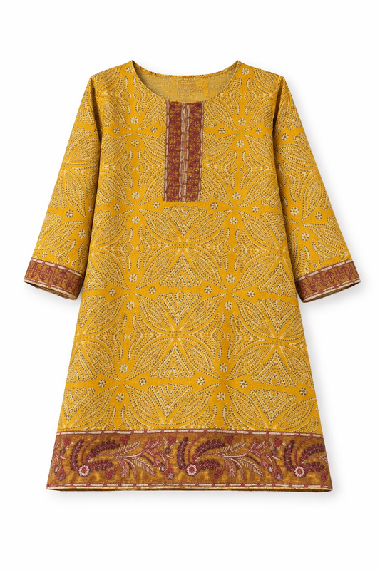 Girls Mustard Ethnic Pattern Cotton Kurta Shirt