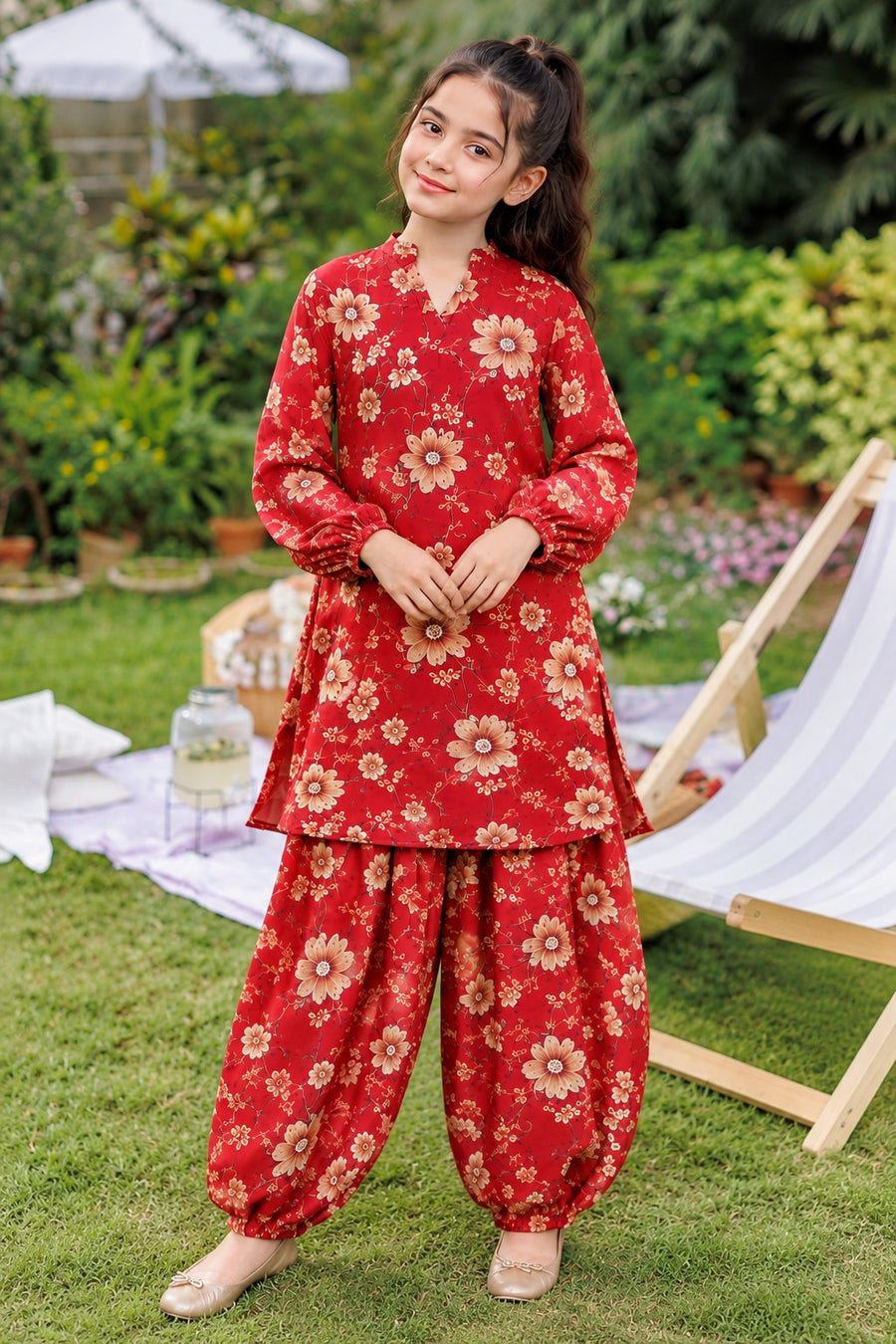 Crimson Blooming Traditional Kids Outfit