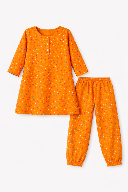 Kids Bright Orange Printed Kurta Pants Co-Ord
