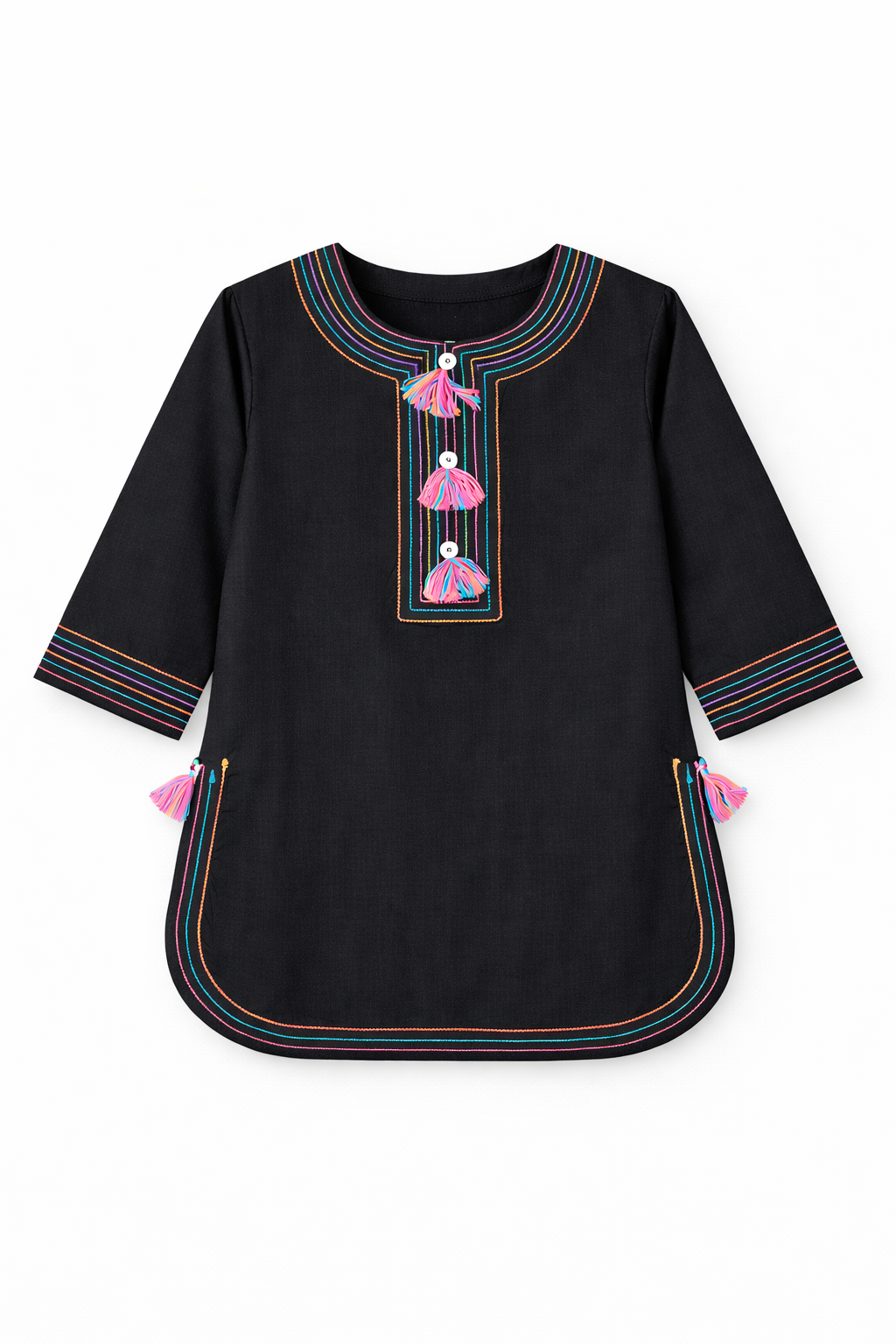 Black Rainbow Embroidered Kurta Set for Girls – 2 Piece Suit