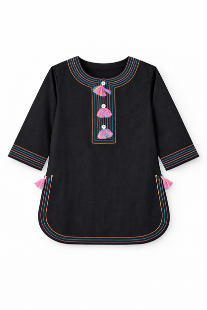 Black Rainbow Embroidered Kurta Set for Girls – 2 Piece Suit