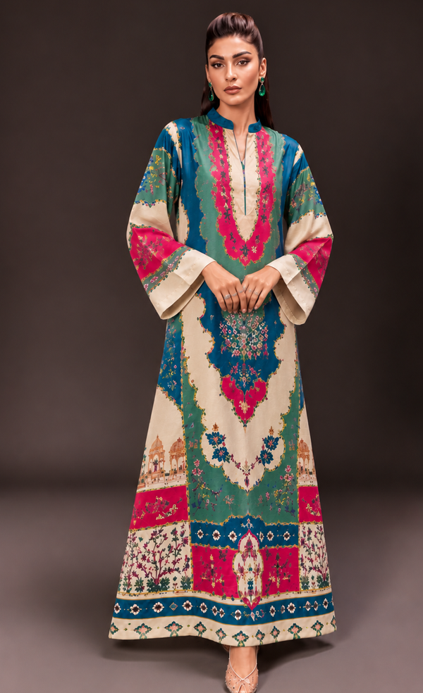 Emerald Elegance Multicolor Silk Kaftan