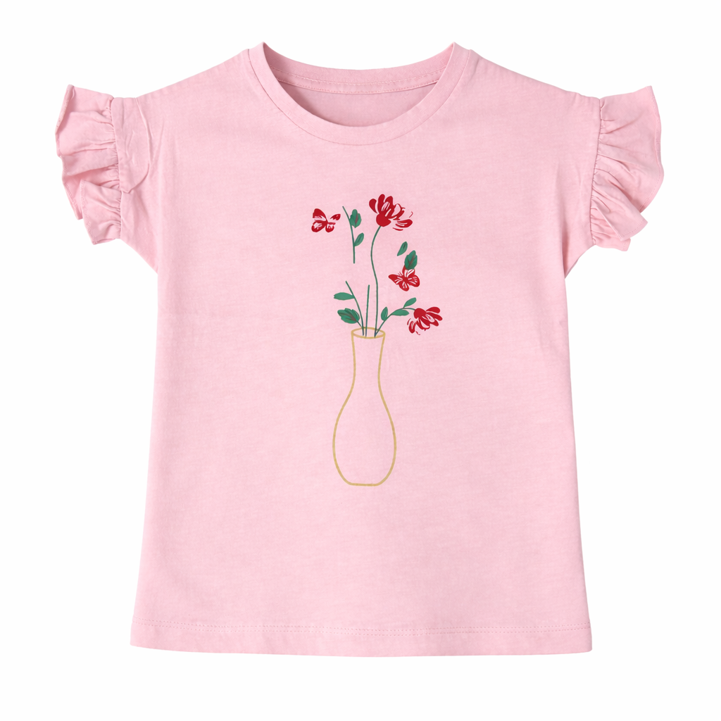 Girls Pink Floral Print Top with Ruffle Sleeves – Casual Summer Shirt