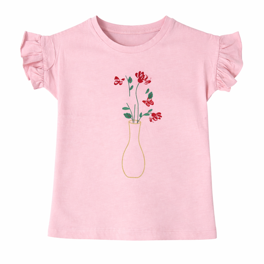 Girls Pink Floral Print Top with Ruffle Sleeves – Casual Summer Shirt