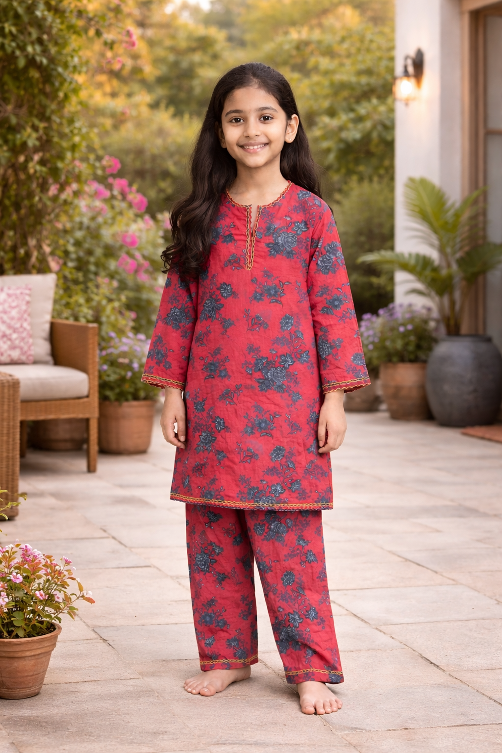 Soft Cotton Girls Floral Kurta Trouser Set