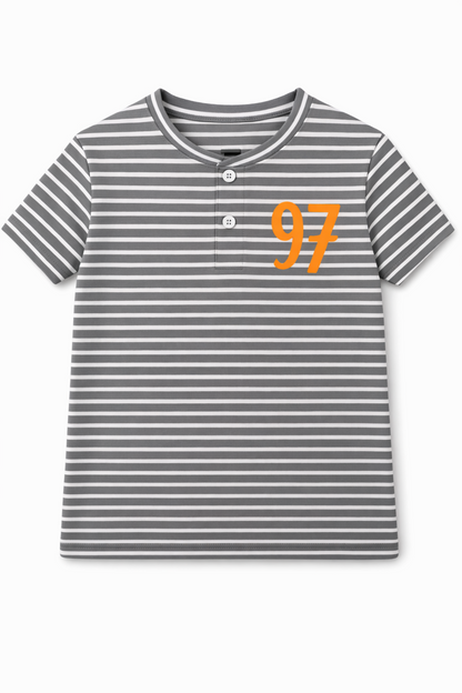 Boys Grey Stripe Henley T-Shirt with 97 Print