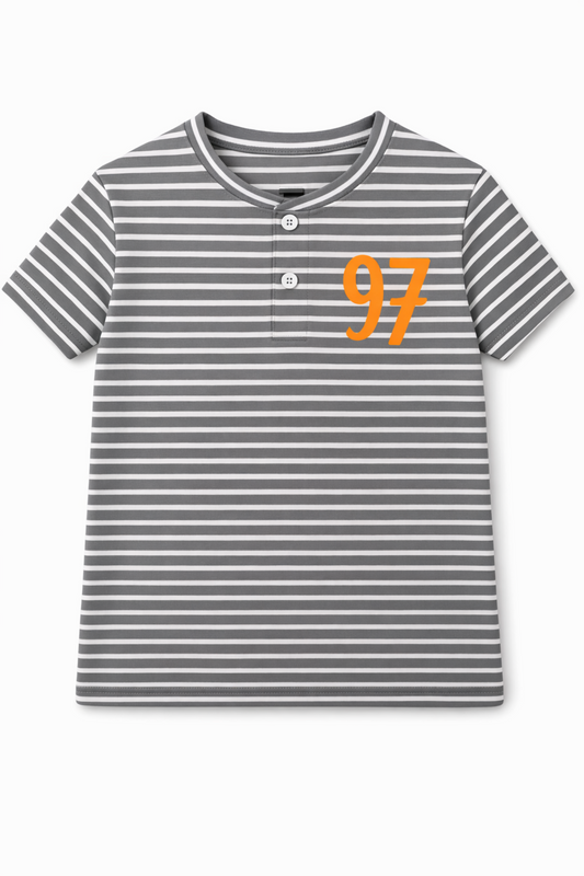 Boys Grey Stripe Henley T-Shirt with 97 Print