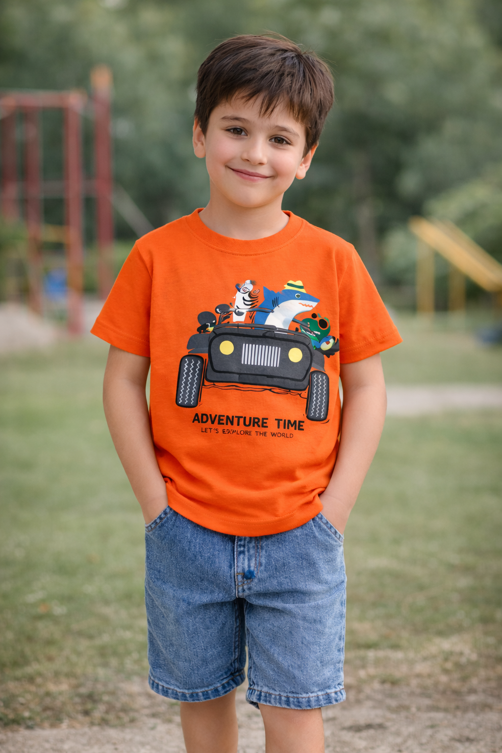 Kids Adventure Print Cotton T-Shirt Bright Orange