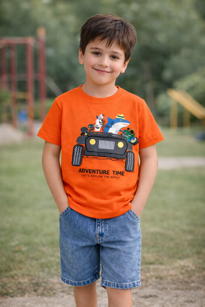 Kids Adventure Print Cotton T-Shirt Bright Orange