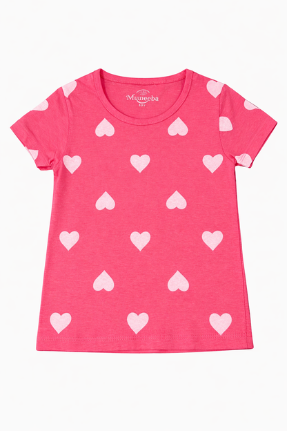 Trendy Girls Pink Heart Print Summer Outfit Set