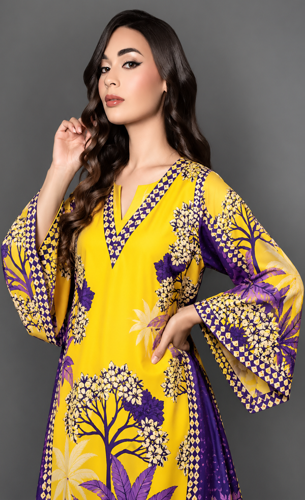 Royal Bloom Yellow & Purple Silk Kaftan