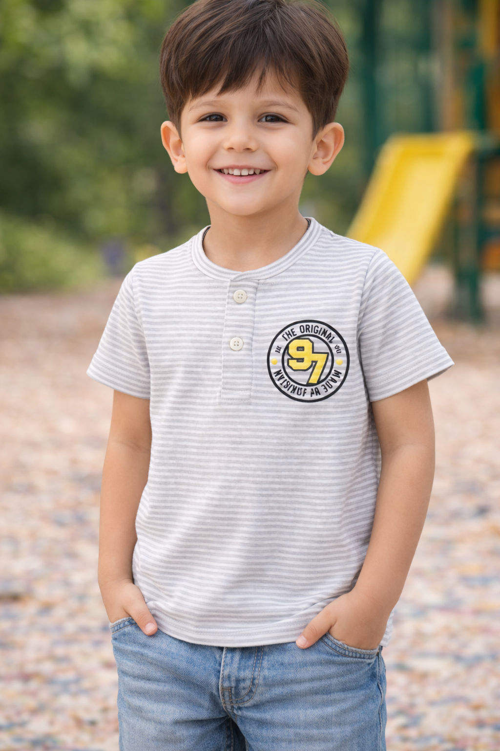 Boys white Striped Henley T-Shirt with 97 patch