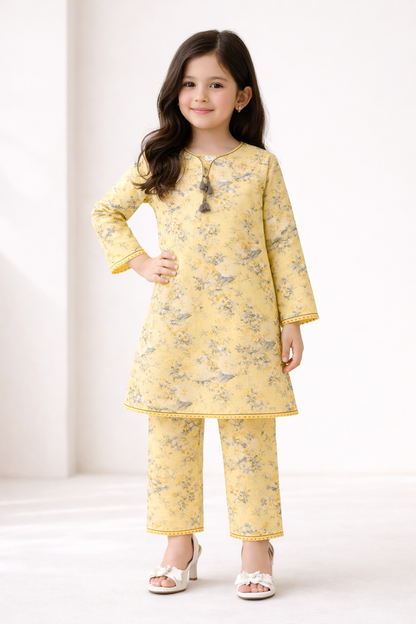 Girls Floral Lemon yellow cotton 2-Piece kurta Set