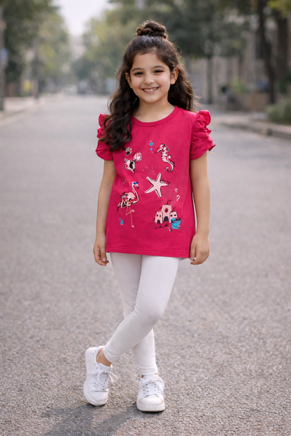Flamingo & Starfish Graphic Pink Tee for Girls