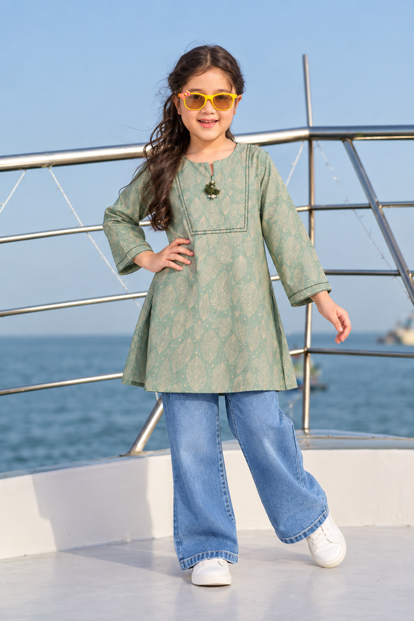 Sage Green Leaf-Printed TOP
