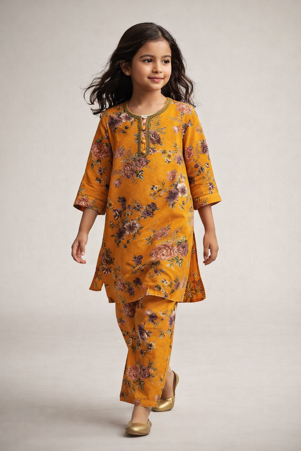 Girls Mustard Bloom 2-Piece Shirt & Trouser