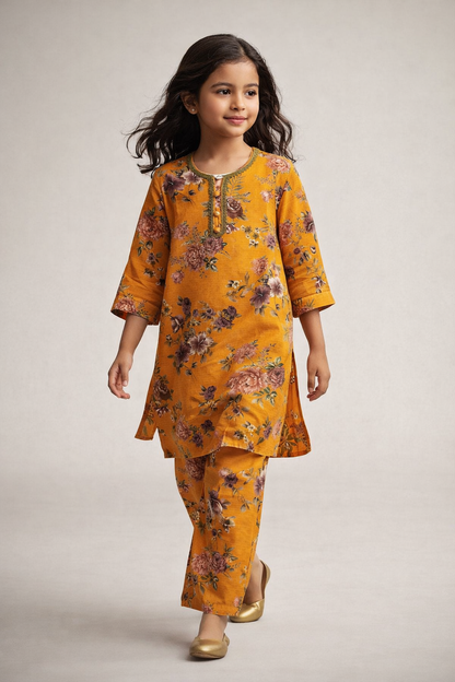 Girls Mustard Bloom 2-Piece Shirt & Trouser